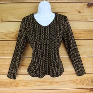 Laura Ashley Blouse V-Neck Women Size S Black Sparkling Gold Stretch Long Sleeve